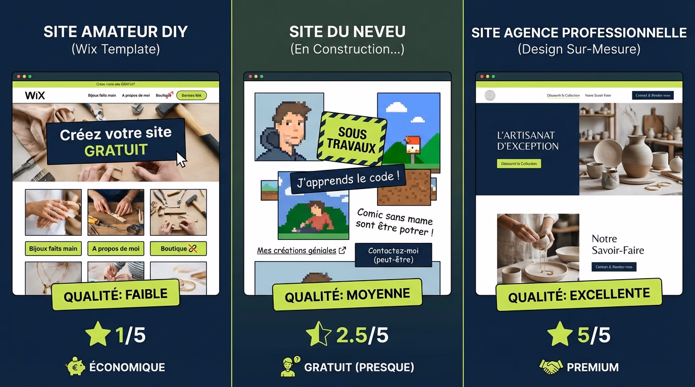 Comparatif visuel entre un site DIY, un site amateur et un site professionnel