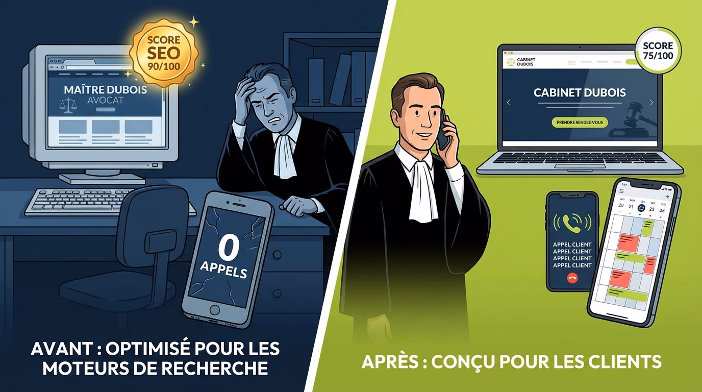 Comparaison entre un score SEO élevé sans clients et un site optimisé qui génère des appels
