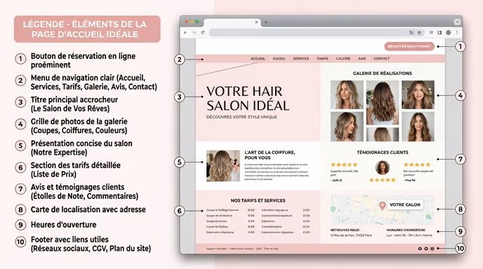 Annotated illustration of an ideal hair salon homepage in a realistic browser window frame, showing labeled key elements with thin connecting lines and small numbered tags: prominent booking button top-right, price list section middle, gallery of haircut photos, customer review stars, map with address, opening hours, clean modern web design with soft pink and white color scheme, French language interface, no specific brand names visible