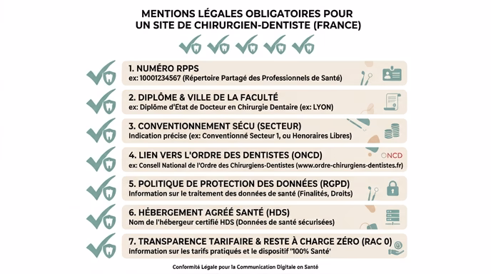 Clean professional infographic on white background displaying the 7 mandatory legal mentions for a French dentist's website as a vertical checklist with sage teal checkmark icons and tooth plus shield motif: RPPS number, diploma plus dental school city, conventionnement Secu sector, link to ONCD Order, RGPD policy for health data, HDS hosting indicator, RAC zero tariff transparency. Flat minimalist design, soft teal and warm beige color palette, French language labels, no people, healthcare aesthetic.