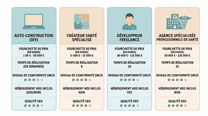 Clean infographic comparison table showing 4 website solutions for a French dentist arranged in 4 vertical columns: DIY with laptop icon, specialized health builder with puzzle icon, freelance developer with person icon, specialized health professions agency with building plus caduceus icon. Each column displays price range in euros, time in weeks, ONCD compliance level as dots, HDS hosting included yes or no, and SEO quality as dots. White background, flat design, soft teal and warm beige color palette, professional healthcare aesthetic, French language labels.