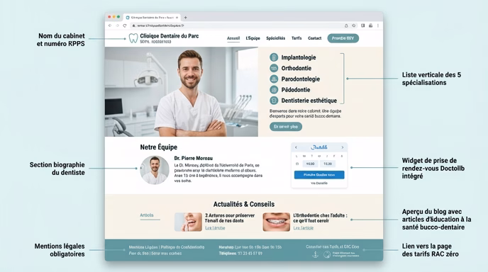 Annotated mockup of an ideal dental clinic homepage on desktop browser frame showing key elements with subtle annotation lines: prominent cabinet name with RPPS number, professional photo of dentist in white scrubs, vertical list of 5 specializations (implantologie, orthodontie, parodontologie, pedodontie, dentisterie esthetique), biography section, embedded Doctolib appointment booking widget, mandatory legal mentions in footer, RAC zero tariff page link, blog with dental health education articles preview. Clean modern professional design, soft teal and warm white color scheme, realistic web browser interface, French language.