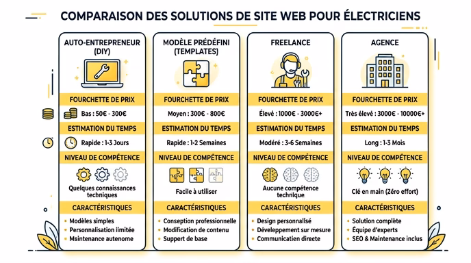 Clean infographic comparison table showing 4 website solutions for electricians: DIY (laptop icon), template (puzzle icon), freelancer (person icon), agency (building icon), each with price range, time estimate, and skill level icons, white background, flat design, professional yellow and dark blue color scheme
