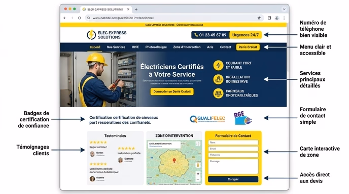 Annotated screenshot-style illustration of an ideal electrician website homepage showing key elements: prominent phone number, services list (courant fort, IRVE, photovoltaique), Qualifelec and RGE badges, contact form, customer reviews, service area map, clean modern design, yellow and dark blue accents, realistic web browser frame