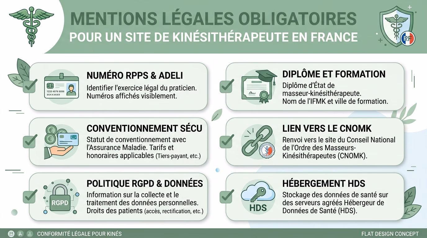 Schema des mentions deontologiques obligatoires sur un site internet de kine conforme CNOMK