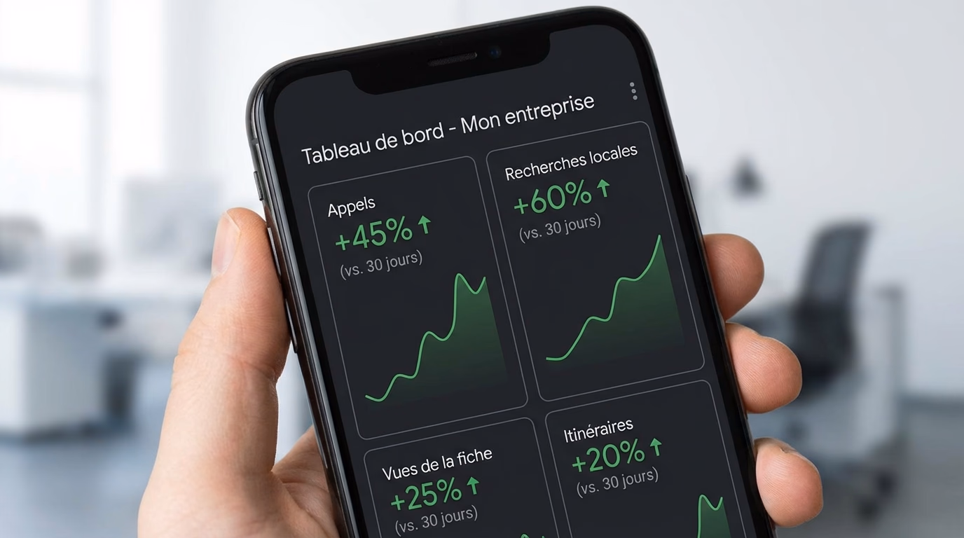 Tableau de bord Google Business Profile sur smartphone montrant une croissance des appels et des recherches locales