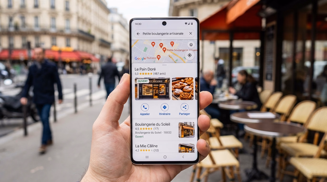 Smartphone montrant un Pack Local Google Maps avec une petite entreprise en première position