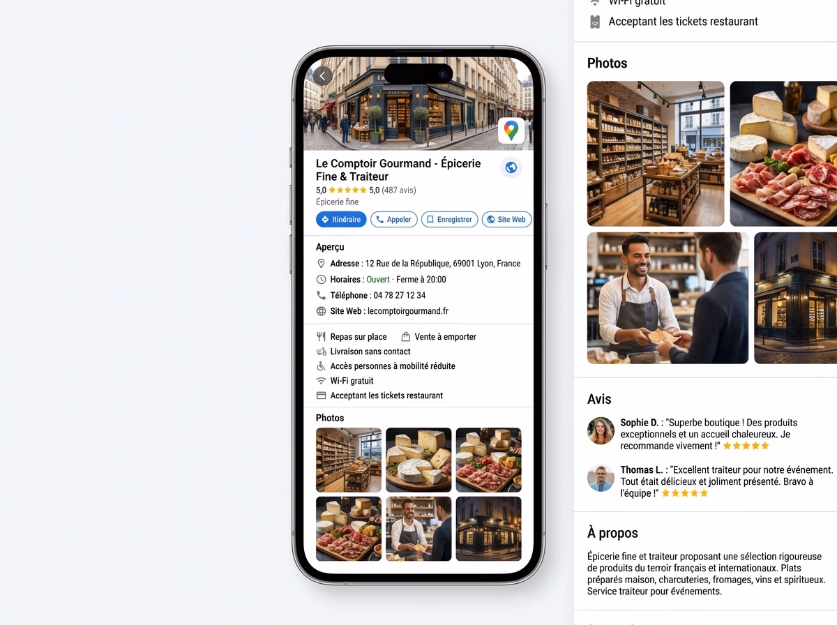 Exemple de fiche Google Business Profile optimisée avec photos variées, avis 5 étoiles, attributs complets et publications récentes