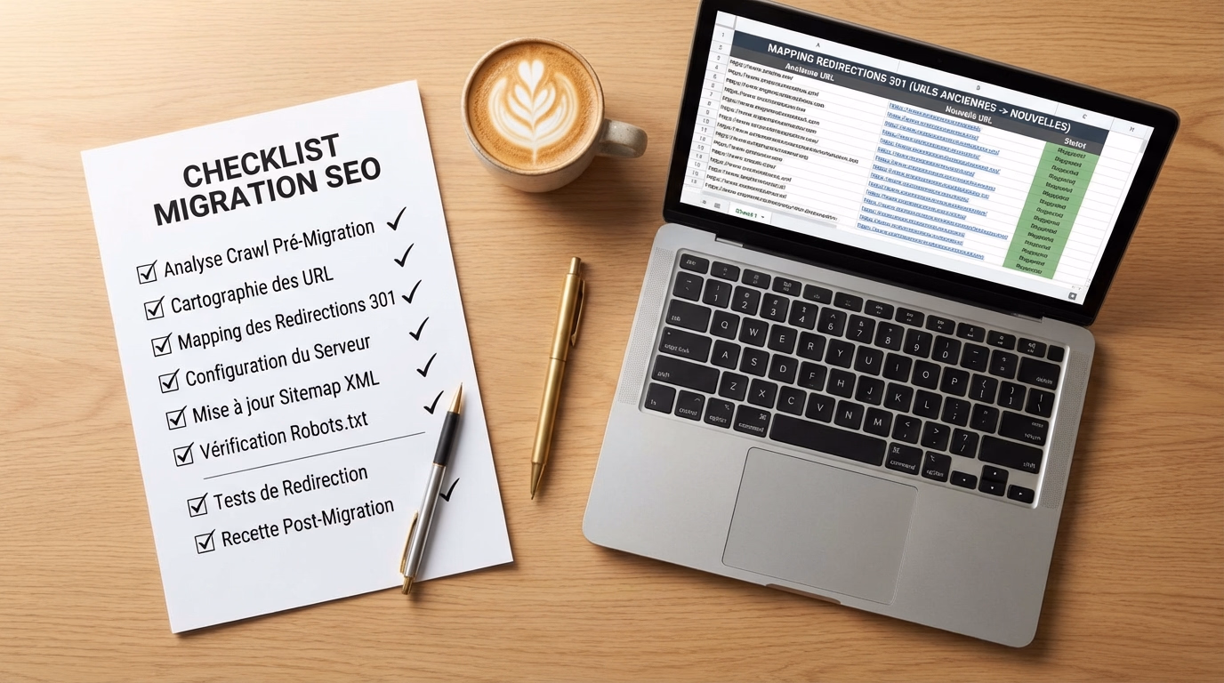Bureau organisé avec checklist de migration SEO et laptop affichant les redirections 301