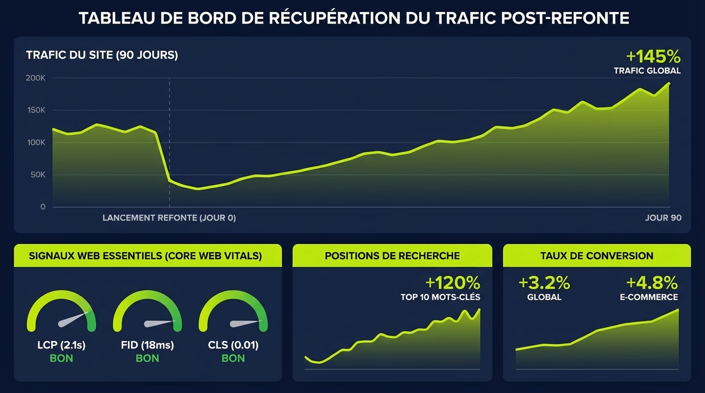 Dashboard de monitoring montrant la récupération du trafic après une refonte